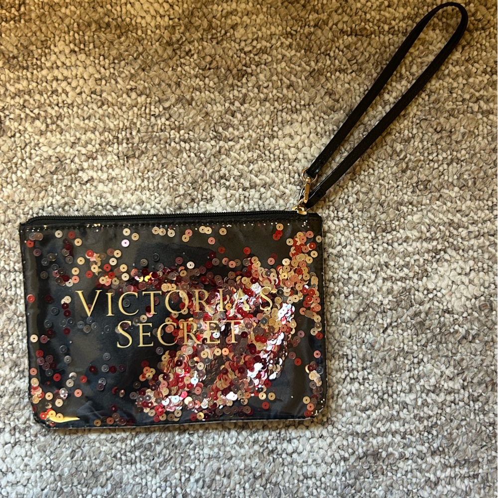 Victoria's Secret Floating Confetti Sequins Wristlet Pouch Clutch Cosmetic Bag